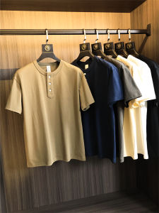 Fashionable Combed Cotton Henry Collar Short Sleeve round Neck T-Shirt for Men Urban Style Standard Fit Daily Wear Summer