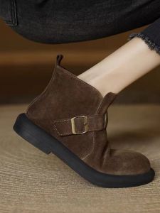 Genuine Leather Chelsea Boots Womens round Toe Flat Bottom BootsWith Belt Buckle Autumn Winter New Style Comfortable Short Boots