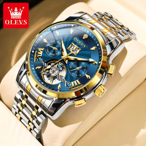 OLEVS automatic watch for men fashion multifunction dial chronograph luminous dual calendar stainless steel strap luxury mechanical mens watch