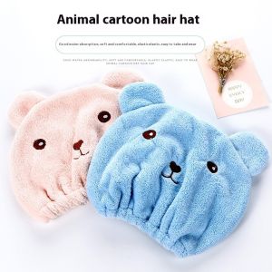 DEUKIO หมวกกันผมลายหมีหมวกคลุมอาบน้ำผ้าฟลีซสีแสดสองด้านผ้าขนหนูอบแห้งเร็วดูดซับได้ดีน่ารัก