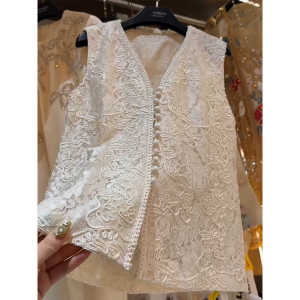 Elegant White Embroidered Lace Hollow out V-Neck Sleeveless Vest Chinese New Style Womens Summer High-End Fashion Commute