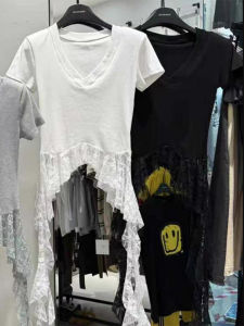 BINKAFENNY | Summer White V-neck Short Sleeve T-shirt Womens Uneven Hem Design Pure Desire Style Short Length Waist-cinching Top