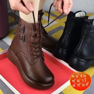 Genuine Leather Martin Boots Womens Thick Bottom Winter Snow Boots Warm Fleece Lined Short Tube Zipper Closure Rubber Sole