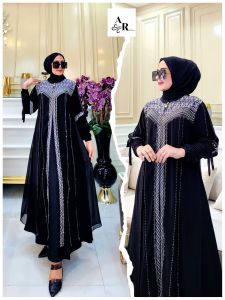 Gamis Abaya Hitam Turkey Jersey Mix Ceruty Bordir - Ayuni Z.10