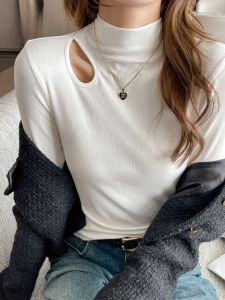 MiiOW | Womens High Collar Hollow Out Knitted Base Shirt Slim Fit T-Shirt White Autumn Winter Inner Wear MiiOW Cat Person Brand