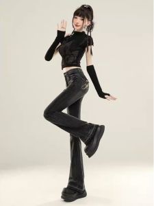 กางเกงยีนส์ทรงขาบานเอวสูงสำหรับผู้หญิง กางเกงขายาวทรงขาบานสไตล์ย้อนยุค ปักลาย ทรงสลิมฟิต ฤดูใบไม้ร่วง/ฤดูหนาว