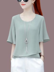 WANGGONGZHU | Fashionable Short Sleeve Chiffon Top Women Summer New Style Loose Slimming Splice Simple Short Sleeve Shirt Korean Commute Style