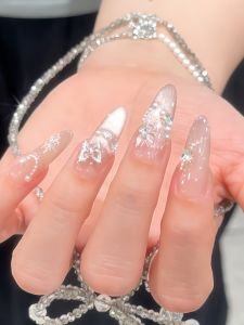 Pink Mist Butterfly Handmade Custom Wear Nail Nude Diamond Cat Eye Bridal Nail Beauty White Fancy Long Almond