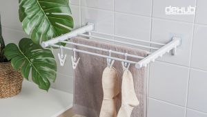 Dehub Vacuum Pad Laundry Rack - ราวแขวนผ้าในห้องน้ำ พับได้ ชั้นวางผ้าขนหนูพับได้ ราวตากผ้าพร้อมไม้หนีบ ที่แขวนติดผนัง ไม่ต้องเจาะ
