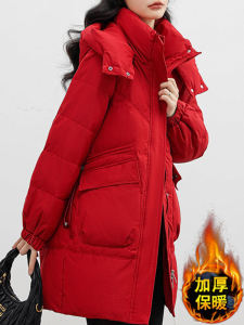 Áo Khoác Cotton Dày Màu Đỏ Có Mũ Trùm Đầu Thời Trang Mùa Đông Dài Vừa Phải Áo Khoác Cotton Thoải Mái Cho Nữ