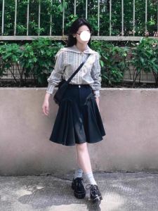 College Style Womens Spring Vintage Plaid Navy Collar Long Sleeve Shirt with Bow Tie Mini Skirt Two Piece Set Fashionable Workwear