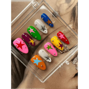 10Pcs Handmade Nail Art Almond Dopamine Color Nail Art Hand-Painted Star Pattern Design Daily Nail Art