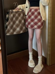 Red Plaid A-Line Mini Skirt High Waist Womens Spring Autumn Winter Polyester Viscose Spandex Korean Style Commute Design
