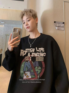 เสื้อฮู้ดคอกลมแขนยาวผ้าฝ้ายแท้สไตล์อเมริกันฮิปฮอปสีดำ ทรงหลวม สำหรับผู้ชายและผู้หญิง ฤดูใบไม้ร่วง 2025