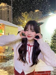 Christmas  Style Womens Dress Set New Year Atmosphere Armor Outfit A-Line Skirt High Waist Polka Dot Long Sleeve Short Dress