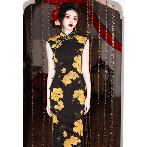 Retro Shanghai Cheongsam Womens New Chinese Style 2025 High End Slim Fit Autumn High Gloss Black Slimming Long Qipao Dress