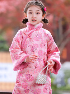 New Years Long Cheongsam Childrens Clothing for Girls Knee-Length Winter Fashionable Traditional Chinese Style Long Robe