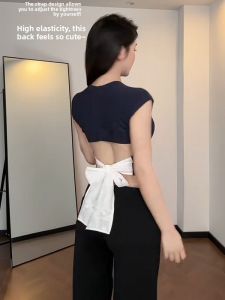 YUEZHONGWEI | Slim Fit American Style Short Sleeve T-Shirt Women Summer Backless Round Neck Butterfly Knot Tie Top Casual Commute Fashion