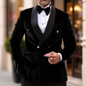 Men Double Breasted Slim Fit 1 Piece Blazer Velvet Tuxedo Mix Match Gold Buttons Vintage Design Separates Groom Wedding Host