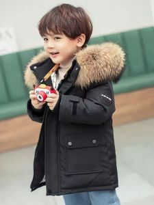 Thickened Cotton Jacket for Boys Medium Length Fashionable Childrens Wear Winter Outfit Korean Style Mixed Fabric High Collar Zipper Closure