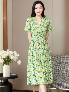 Young Mother Summer Western Style Noil Poplin Dress Elegant Noble 40-Year-Old 50 Middle-Aged and Elderly Womens Short Sleeve Long Skirt
