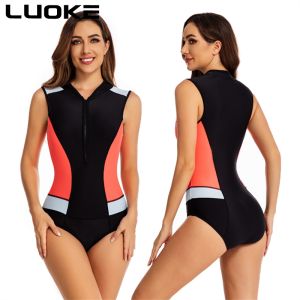 Luoke Womens One Piece Sleeveless Swimsuit Color Contrast Print Slim Fit Swimwear
