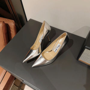 รองเท้าส้นสูงหนังสีเงินทรงหัวแหลมสไตล์สตรีทแฟชั่นสำหรับผู้หญิง รองเท้าส้นเดี่ยวแบบสวมสบาย สวมใส่สบาย ทรงหัวแหลม