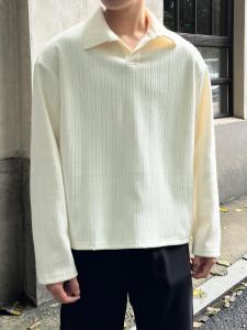 American Style Lazy Wheat Ear Long Sleeve V-Neck Mens T-shirt CleanFit High-End Feeling Autumn Winter Polo Shirt Trendy