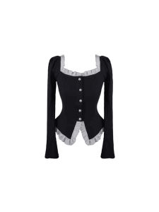 Classic Style Square Collar Patchwork Shirt for Women Spring & Fall New Design Sense Waist-Controlled Slim Fit Slimming Versatile Short Top Trendy