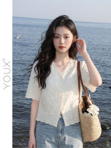 YOUXIANG | Áo Sơ Mi Cổ V Đẹp Độc Đáo Có Thêu Tay Ngắn