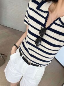 YUANYA | Hollow Striped V-neck Polo Knitted T-shirt Short Sleeve
