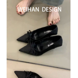 รองเท้าส้นสูงปมผีเสื้อหนังแกะ ผู้หญิง นิ้วเท้าชี้สลิม ดีไซน์ ขอบพับ ทันสมัย รองเท้าสลิปออนสําหรับสุภาพสตรี