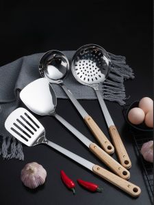 Thickened 304 Stainless Steel Spatula and Soup Spoon Kitchenware Suit Home Spatula Wooden Handle Kitchen All Products