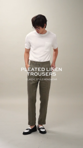 TWENTYSECOND กางเกงขายาว ผ้าลินิน ทรงเอวสูง รุ่น Pleated Linen Trousers - น้ำเงิน / Navy