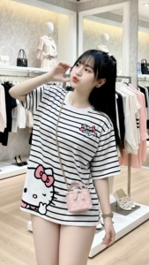 Combo 2 Áo Thun Kẻ Ngang Aime Hello Kitty cộc tay phù hợp 4 mùa