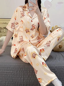 New Summer Ice Silk Womens Sleepwear Loose Long Pants Short Sleeve Home Clothes Cartoon Groundhog Three-Piece Set for Youth