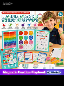 MAMAX【SG Ready Stock】Magnetic Fraction Learning Board Play Book★Math Manipulatives Educational Toy✅Tri-Fold Fraction Puzzle with Dry Erase Activity Cards✅Kids 3+