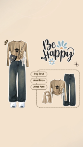 One Set 3in1 Skema Outfit Croptop Tali Serut Wanita | Celana Jeans Retro Highwaist | Jilbab Paris Jadul - KA159