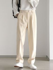 กางเกงขายาวลำลองสไตล์เกาหลีระดับสูงกางเกงขากว้างเนื้อสัมผัสดีสำหรับผู้ชายกางเกงสูทผ้าลูกฟูกทรงสอบสีเบจทรงหลวมแมทช์ลุคง่ายสำหรับฤดูใบไม้ผลิและฤดูใบไม้ร่วง