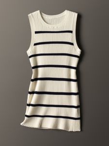 High Elasticity Knitted round Neck Sleeveless Womens T-shirt Comfortable Classic Stripes Not Tightening All-match Fashion