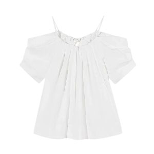 YUEZHONGWEI | Áo sơ mi tay ngắn màu trắng kiểu Pháp cho nữ mùa hè thiết kế tay bồng hở vai áo cánh cao cấp thoải mái thường ngày