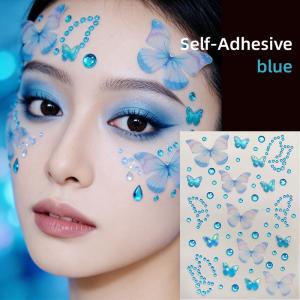 1Pc 3D Pink Butterfly Gem Face Tattoo Sticker Tulle Butterfly&Round Rhinestone Tattoos Self-Adhesive Decor for Makeup Body Decor