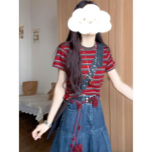 LIRUSHAN | Popular Red Striped Autumn Short Sleeve T-Shirt