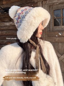 Thickened Fleece Knitted Hat Womens Winter Warm Ear Protection Large Circumference Tassel Hat Luxury Style Non-Adjustable