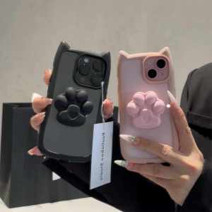 MrHaHa Case+3D Cat Claw Bracket Phone Casing for IPhone 15 14 13 12 11 Pro Max X XR Xs Max 3D Cat Ear Transparent Phone Case TPU Soft Silicone Shockproof Phone Back Cover