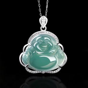 TIMESWIND Natural Jade Blue Buddha S925 Silver Zircon for Women Necklace with Certificate