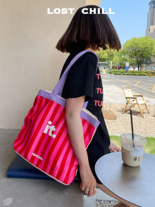 Lost Chill Sweet Cool Pink Stripes Canvas Bag Color Block Large Capacity Canvas Bag Bright Color Student Tote Fashion Trend
