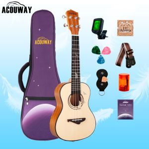 Acouway Concert Ukulele Solid Spruce Top 24 Inch Ukelele Set for adults with Free 12MM Gig Bag Strap