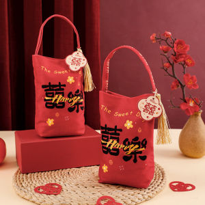 Anglebabylife คุณภาพสูงถุงขนมงานแต่งงานสไตล์จีนใหม่ถุงซานตากล่องของขวัญงานหมั้นผ้าพลัฌแบบใช้มือถือพับได้ถุงซานตากำมะหยี่สีแดงของตกแต่งงานฉลอง