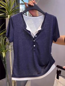Korean Style Short Sleeve Half Open Collar T-Shirt Women plus Size Summer New Style Fake Two-Piece Color Block Slimming Top
